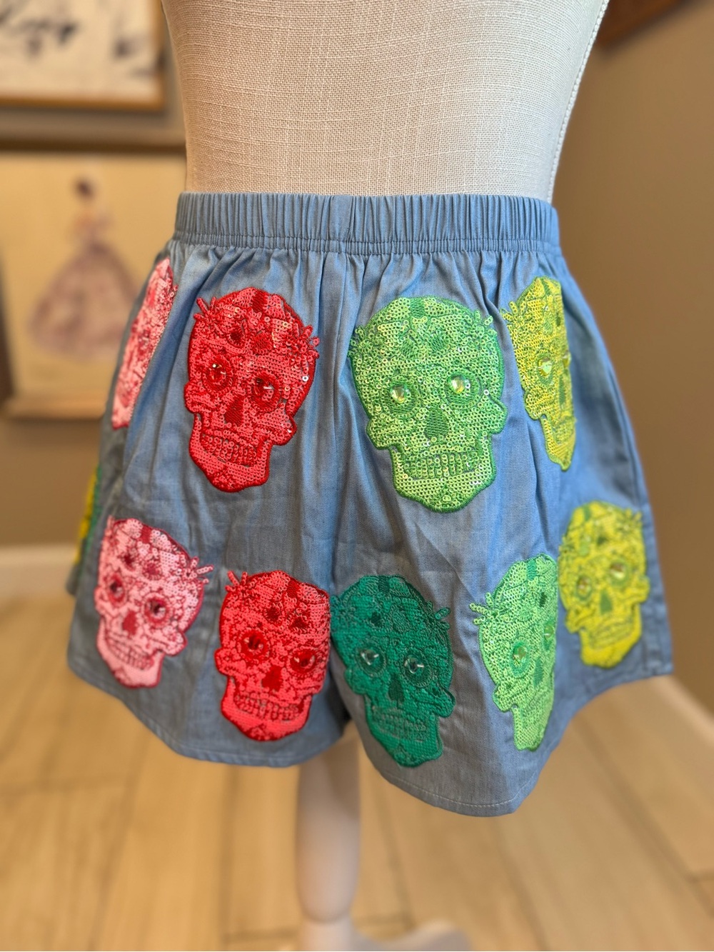 New! Queen Of Sparkles Chambray Sequin Sugar Skull Shorts